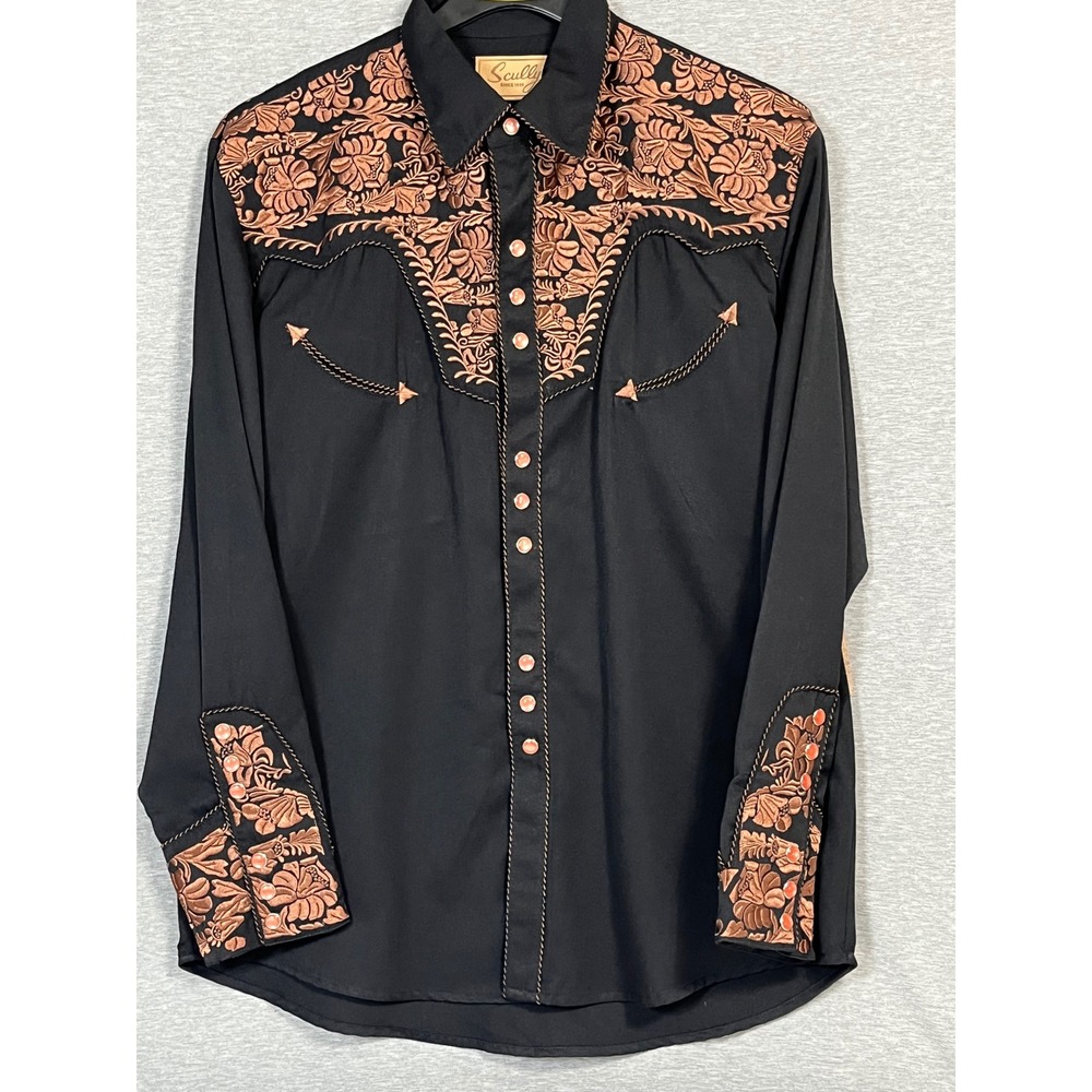 NWT Scully Mens Western Shirt Black Copper Floral Embroidered Snap Front P-634 M